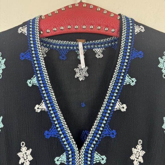 Free People Boho Star Gazer Peasant Babydoll Mini Tunic Dress Black Blue Small - Picture 3 of 16